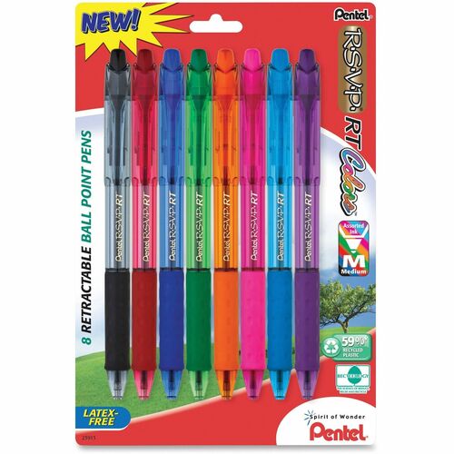 Pentel Recycled Retractable R.S.V.P. Colors Pens - Medium Pen Point - 1 mm Pen Point Size - Refillable - Retractable - Assorted - Assorted Barrel - Metal, Stainless Steel Tip - 8 / Pack