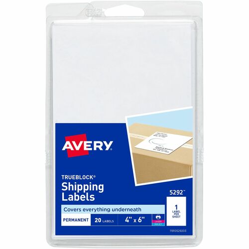 Avery® Shipping Labels, Permanent Adhesive, 4" x 6" , 20 Labels (5292) - 4" Width x 6" Length - Permanent Adhesive - Rectangle - Laser, Inkjet - White - Paper - 1 / Sheet - 20 Total Sheets - 20 Total Label(s) - 3 - Permanent Adhesive, Customizable, Sm