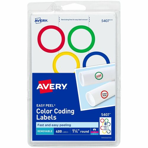 Avery® Color-Coding Labels, Removable Adhesive, 1-1/4" Diameter, 400 Labels - Avery® Printable Color-Coding Labels, Removable Adhesive, 1-1/4" Round, Assorted Colors, 400 Labels (5407)