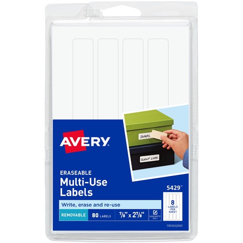 Avery® Erasable Labels, Permanent Adhesive, Handwrite, 7/8" x 2-7/8" , 80 Labels (5429) - - HeightPermanent Adhesive - Rectangle - White - Film - 8 / Sheet - 10 Total Sheets - 80 Total Label(s) - 3