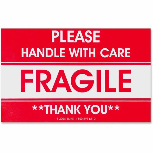 Tatco Fragile/Handle With Care Shipping Label - "Fragile - Handle with Care, Thank You" - 3" Width x 5" Length - Rectangle - Red - 500 / Roll - 500 / Roll
