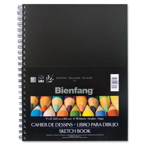 Bienfang Twin Wire Hardcover Sketch Book - 75 Sheets - Plain - Wire Bound - 70 lb Basis Weight - 12" x 9" - Black Cover - Polypropylene Cover - Heavyweight, Acid-free