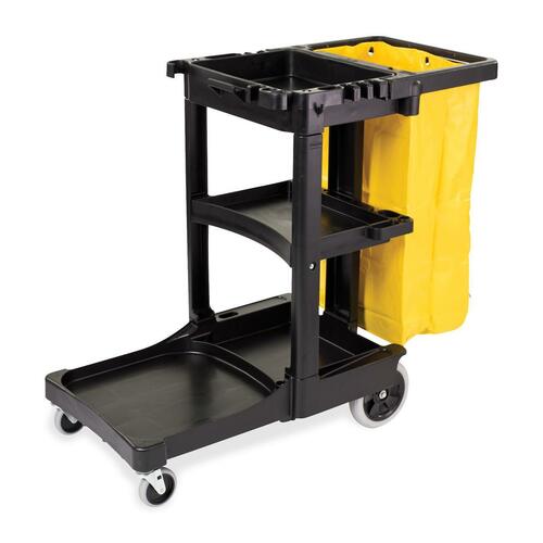 Rubbermaid Cleaning Cart with Zippered Yellow Vinyl Bag - 3 Shelf - 8" (203.20 mm), 4" (101.60 mm) Caster Size - 46" Length x 21.8" Width x 38.4" Height - Black - 1 Each - Janitorial Carts - RUBFG617388BLA