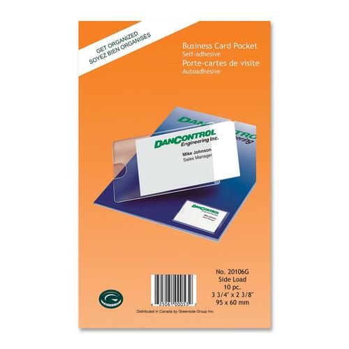 Greenside Self-Adhesive Business Card Pocket - Support 2" (50.80 mm) x 3.50" (88.90 mm) Media - Horizontal, Vertical - 2.38" (60.33 mm) x 3.75" (95.25 mm) x - 10 / Pack - Clear - Business Card Holders - GRN20106G