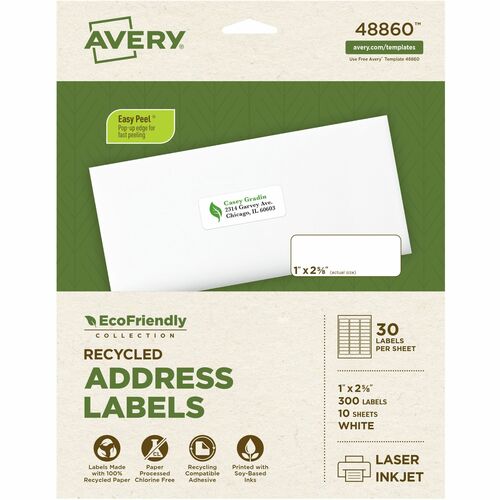 Avery® EcoFriendly Address Labels 48860, 1" x 2-5/8" , 300 Labels (48860) - Water Based Adhesive - Rectangle - Laser, Inkjet - White - Paper - 30 / Sheet - 10 Total Sheets - 300 Total Label(s)