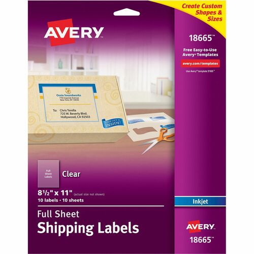 Avery® Shipping Label - 8 1/2" Width x 11" Length - Permanent Adhesive - Rectangle - Inkjet - Frosted Clear - Film - 1 / Sheet - 10 Total Sheets - 10 Total Label(s) - 5 - Permanent Adhesive, Stick & Stay, Customizable