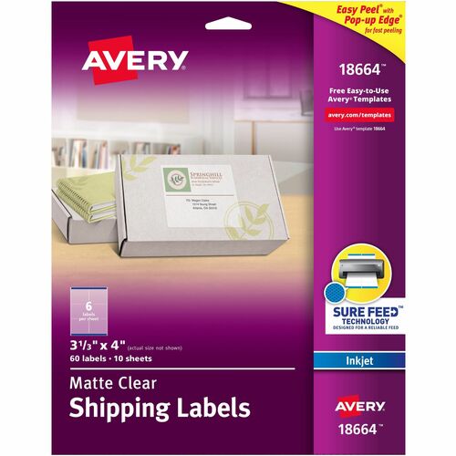 Avery® Clear Shipping Labels, Sure Feed, 3-1/3" x 4" , 60 Labels (18664) - 3 21/64" Width x 4" Length - Permanent Adhesive - Rectangle - Inkjet - Clear - Film - 6 / Sheet - 10 Total Sheets - 60 Total Label(s) - 5 - Permanent Adhesive, Jam Resistant, E
