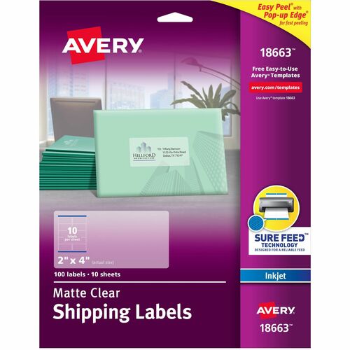 Avery® Shipping Labels, Sure Feed, 2" x 4" , 100 Clear Labels (18663) - 2" Width x 4" Length - Permanent Adhesive - Rectangle - Inkjet - Clear - Film - 10 / Sheet - 10 Total Sheets - 100 Total Label(s) - 5 - Permanent Adhesive, Jam Resistant, Easy Pee