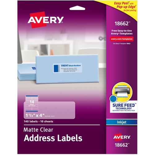 Avery® Easy Peel Inkjet Printer Mailing Labels - 1 21/64" Width x 4" Length - Permanent Adhesive - Rectangle - Inkjet - Clear - Film - 14 / Sheet - 10 Total Sheets - 140 Total Label(s) - 5