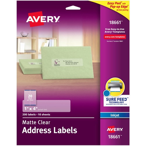 Avery® Easy Peel Inkjet Printer Mailing Labels - 1" Width x 4" Length - Permanent Adhesive - Rectangle - Inkjet - Clear - Film - 20 / Sheet - 10 Total Sheets - 200 Total Label(s) - 5