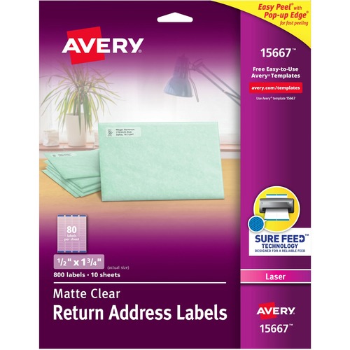 Avery® Easy Peel Return Address Labels - 1/2" Width x 1 3/4" Length - Permanent Adhesive - Rectangle - Laser - Clear - Film - 80 / Sheet - 10 Total Sheets - 800 Total Label(s) - 5