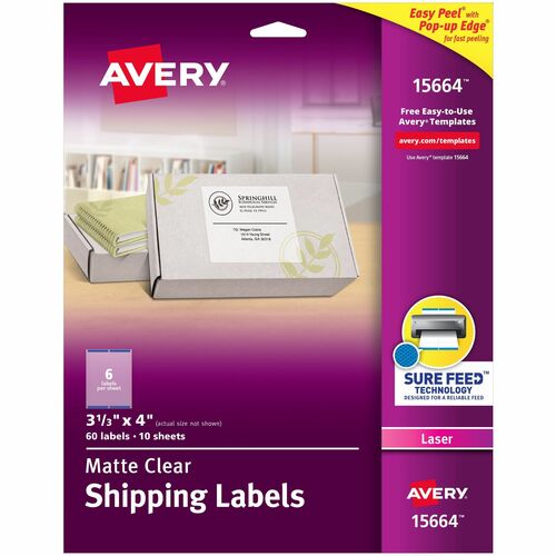 Avery® Clear Shipping Labels, Sure Feed, 3-1/3" x 4" 300 Labels (15664) - 3 21/64" Width x 4" Length - Permanent Adhesive - Rectangle - Laser - Clear - Film - 6 / Sheet - 10 Total Sheets - 60 Total Label(s) - 5 - Permanent Adhesive, Jam Resistant, Eas
