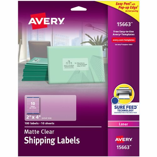 Avery® Clear Shipping Labels, Sure Feed, 2" x 4" , 100 Labels (15663) - 2" Width x 4" Length - Permanent Adhesive - Rectangle - Laser - Clear - Film - 10 / Sheet - 10 Total Sheets - 100 Total Label(s) - 5 - Permanent Adhesive, Jam Resistant, Easy Peel