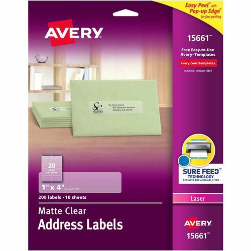 Avery® Easy Peel Return Address Labels - 1" Width x 4" Length - Permanent Adhesive - Rectangle - Laser - Clear - Film - 20 / Sheet - 10 Total Sheets - 200 Total Label(s) - 5