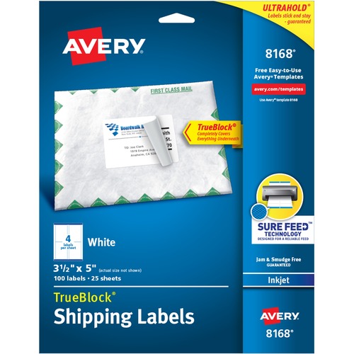 Avery® TrueBlock(R) Shipping Labels, Sure Feed(TM) Technology, Permanent Adhesive, 3-1/2" x 5" , 100 Labels (8168) - 3 1/2" Height x 5" Width - Permanent Adhesive - Rectangle - Inkjet - White - Paper - 4 / Sheet - 25 Total Sheets - 100 Total Label(s) 