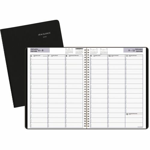 AT-A-GLANCE® Recycled Weekly Appointment Book 11" x 8" Bilingual Black - Weekly - 1 Year - January 2024 - December 2024 - 7:00 AM to 9:45 PM - Quarter-hourly - 1 Week Double Page Layout - 8" x 11" Sheet Size - Wire Bound - Black - Leather, Paper - Bil