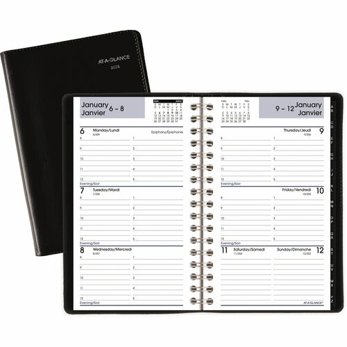 AT-A-GLANCE® Weekly Desk Diary - Julian Dates - Weekly - 1 Year - January 2024 - December 2024 - 8:00 AM to 5:00 PM - Hourly - 1 Week Double Page Layout - 3 3/4" x 6" Sheet Size - Wire Bound - Black - Leather, Paper - Bilingual, Address Directory, Pho