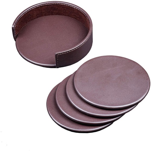 Dacasso Leather Coasters - Set of 4 with Holder - Round - Chocolate Brown - Top Grain Leather, Felt - 1Each