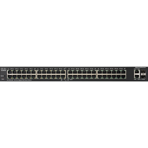 Cisco SG200-50P Gigabit PoE Smart Switch - 50 Ports - Manageable - Gigabit Ethernet, Fast Ethernet - 10/100/1000Base-T - 2 Layer Supported - 2 SFP Slots - PoE Ports - Desktop - Lifetime Limited Warranty