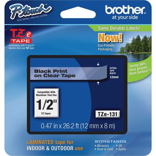 Brother P-touch TZe Laminated Tape Cartridges - 1/2" - Black, Clear - 1 Each - Label Tapes - BRTTZE131