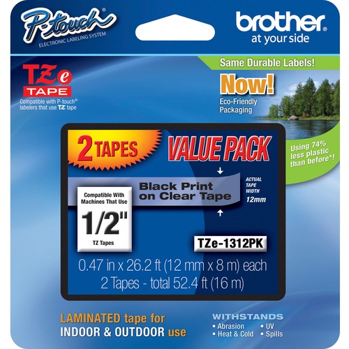 Brother 1/2" Black/Clear Laminated TZe Tape Value Pack - 1/2" Width - Black, Clear - 2 / Pack - Water Resistant - Grease Resistant, Grime Resistant, Temperature Resistant