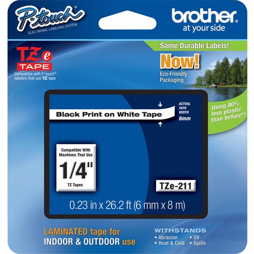 Brother P-touch TZe Laminated Tape Cartridges - 1/4" - Black Print on White - 1 Each