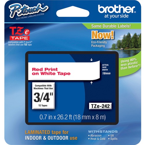 Brother 18mm (0.7") Red on White tape for P-Touch 8m (26.2 ft) - 3/4" - White - 1 Each