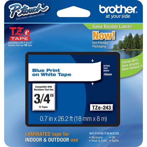 Brother P-Touch TZe Flat Surface Laminated Tape - 45/64" - Thermal Transfer - White, Blue - 1 Each - Label Printer Labels - BRTTZE243