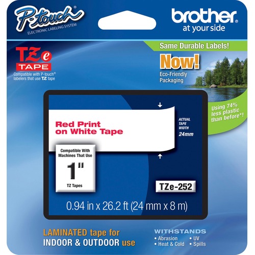 Brother P-touch TZe 1" Laminated Tape Cartridge - 15/16" - Rectangle - Thermal Transfer - Red, White - 1 Each - Label Tapes - BRTTZE252