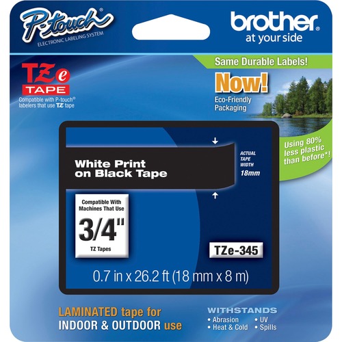 Brother P-Touch TZe Flat Surface Laminated Tape - 45/64" - White, Black - 1 Each - Label Tapes - BRTTZE345