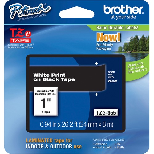 Brother P-touch TZe 1" Laminated Tape Cartridge - 1" x 26 1/5 ft Length - Rectangle - Thermal Transfer - White, Black - 1 Each - Label Tapes - BRTTZE355