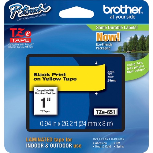 Brother P-touch TZe 1" Laminated Tape Cartridge - 1" x 26 1/5 ft Length - Rectangle - Thermal Transfer - Yellow - 1 Each - Label Tapes - BRTTZE651