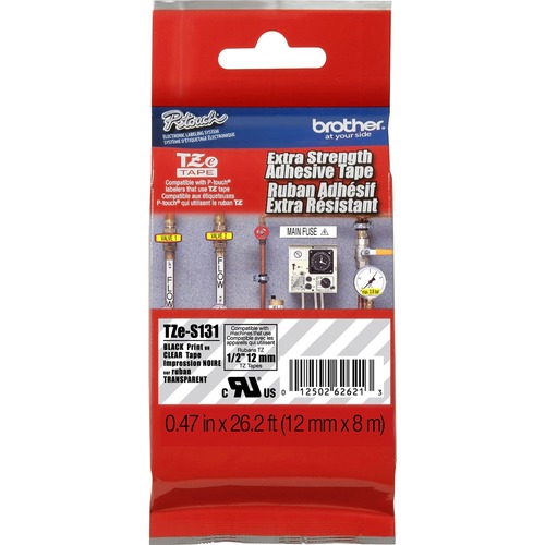 Brother P-touch Industrial TZe Tape Cartridges - 1/2" Width - Permanent Adhesive - Black, Clear - Polyethylene - 1 Each