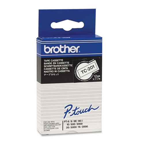Brother P-touch TC201 Label Tape - 15/32" - Permanent Adhesive - Rectangle - White, Black - 1 Each - Label Tapes - BRTTC201