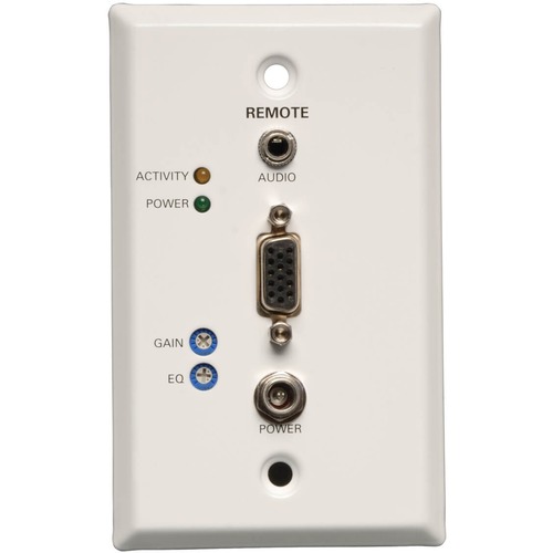 Tripp Lite VGA + Audio over Cat5/Cat6 Video Receiver RJ45 type Wallplate TAA / GSA - 1 Input Device - 1 Output Device - 1000 ft Range - 1 x Network (RJ-45) - 1 x VGA Out - 1920 x 1440 - Twisted Pair - Category 6 - Wall Mountable - TAA Compliant