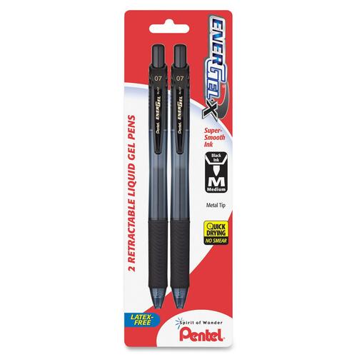 Pentel EnerGel-X Retractable Liquid Gel Pen - Medium Pen Point - 0.7 mm Pen Point Size - Refillable - Retractable - Black Gel-based Ink - Black Barrel - Metal Tip - 2 / Pack