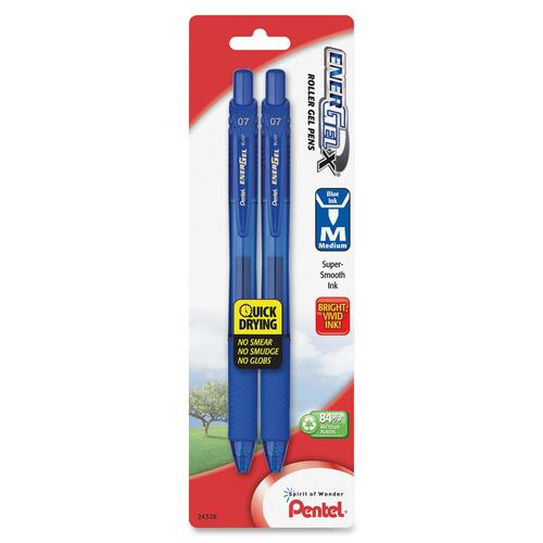 Pentel EnerGel X BCA Retractable Gel Pens - Medium Pen Point - 0.7 mm Pen Point Size - Refillable - Retractable - Blue Gel-based Ink - Blue Barrel - Metal Tip - 2 / Pack
