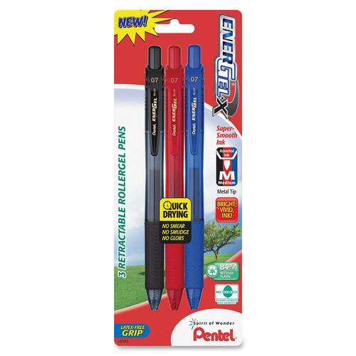 Pentel EnerGel-X Retractable Liquid Gel Pen - Medium Pen Point - 0.7 mm Pen Point Size - Refillable - Retractable - Assorted Gel-based Ink - Assorted Barrel - Metal Tip - 3 / Pack