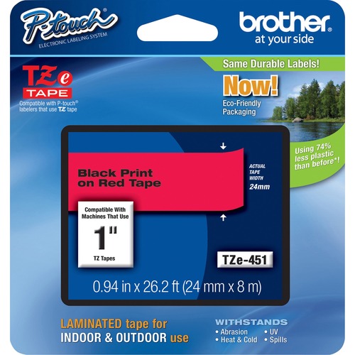 Brother P-touch TZe Laminated Tape Cartridges - 15/16" - Thermal Transfer - Black, Red - 1 Each - Label Tapes - BRTTZE451
