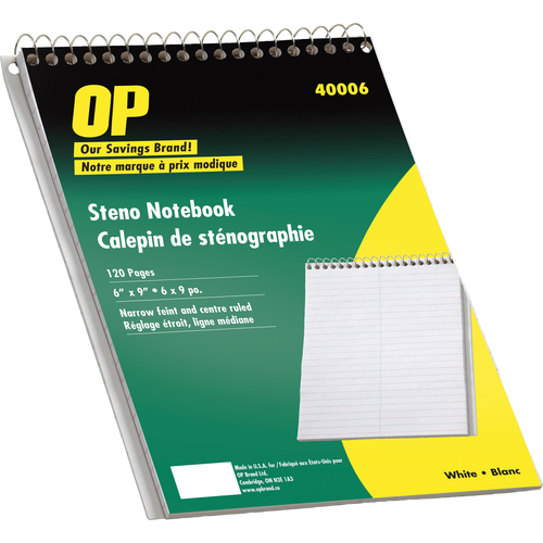 OP Brand Steno Book - 120 Sheet - Narrow Ruled - 6" x 9" - White