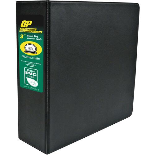 OP Brand Standard Ring Binder - 3" Binder Capacity - Round Ring Fastener(s) - 2 Internal Pocket(s) - Black - Label Holder, Open and Closed Triggers