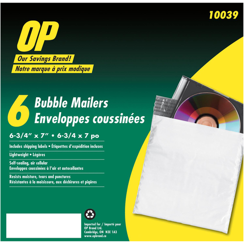 OP Brand Bubble Mailer - Bubble - 6 3/4" Width x 7" Length - Poly - 6 / Pack