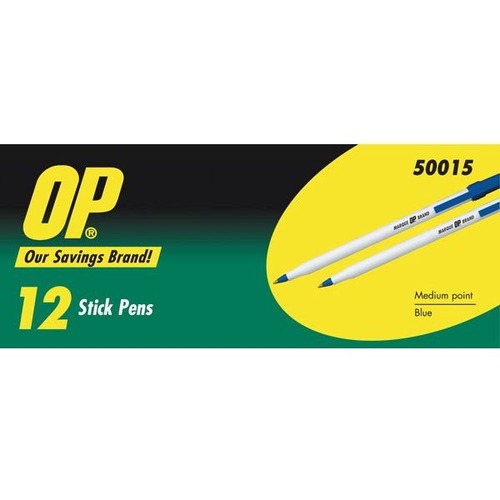 OP Brand Stick Ballpoint Pen - Medium Pen Point - Blue - 12 / Box