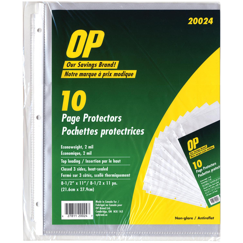 OP Brand Sheet Protector - Letter 8.5" x 11" - Polypropylene - 10 / Pack - Clear