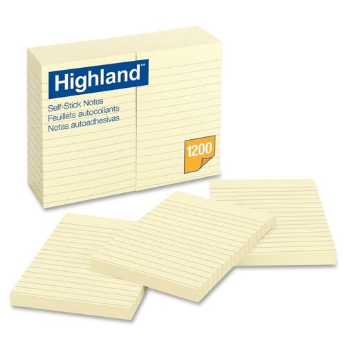 Highland Ruled Self Adhesive Note Pads - 4" x 6" - Rectangle - Ruled - Yellow - 12 / Pack