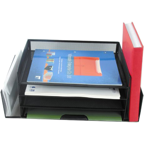 Winnable Desk Tray with Sorter - 4 Tier(s) - 6.5" Height x 16" Width x 9" Depth - Desktop - Black - 1 - Letter Trays - WNN12212