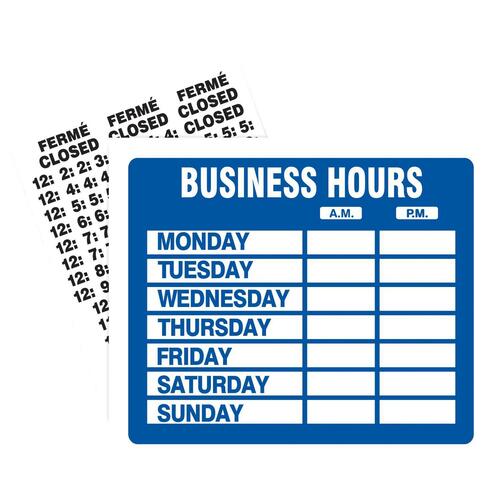 Headline Information Sign - 1 Each - Business Hour Print/Message - 9" (228.60 mm) Width x 10.75" (273.05 mm) Height - Black Print/Message Color - Self-adhesive - Vinyl - Red, White