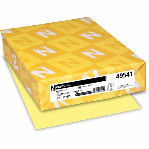Exact Heavyweight Index Paper - Canary - 94 Brightness - Letter - 8 1/2" x 11" - 110 lb Basis Weight - Smooth - 250 / Pack - Heavyweight, Printable, Durable, Acid-free - Canary