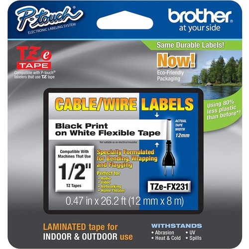 Brother Flexible Cable/Wire TZe ID Tape - 15/32" x 26 1/5 ft Length - Removable Adhesive - Rectangle - Thermal Transfer - White - 1 / Each