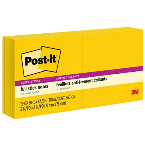 Post-it® Super Sticky Full Adhesive Notes - 300 x Yellow - 3" x 3" - Square - 25 Sheets per Pad - Unruled - Sunnyside - Paper - 12 / Pack